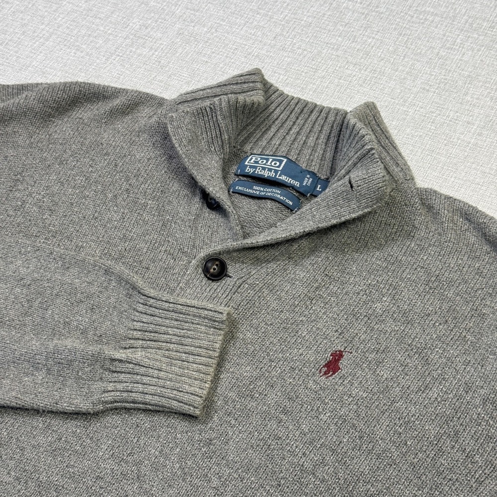Polo By Ralph Lauren Sweater Pullover Mens L Gray Mock Neck Cotton Tight-Knit